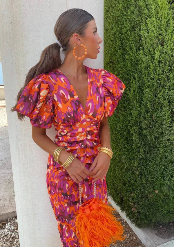 Arielle™ | Vestido Midi Colorido para Mujeres con Mangas Plisadas