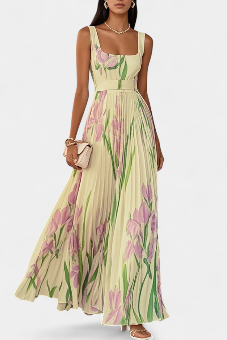 Vestido Calanthe Largo Plisado con Estampado Floral y Escote Cuadrado