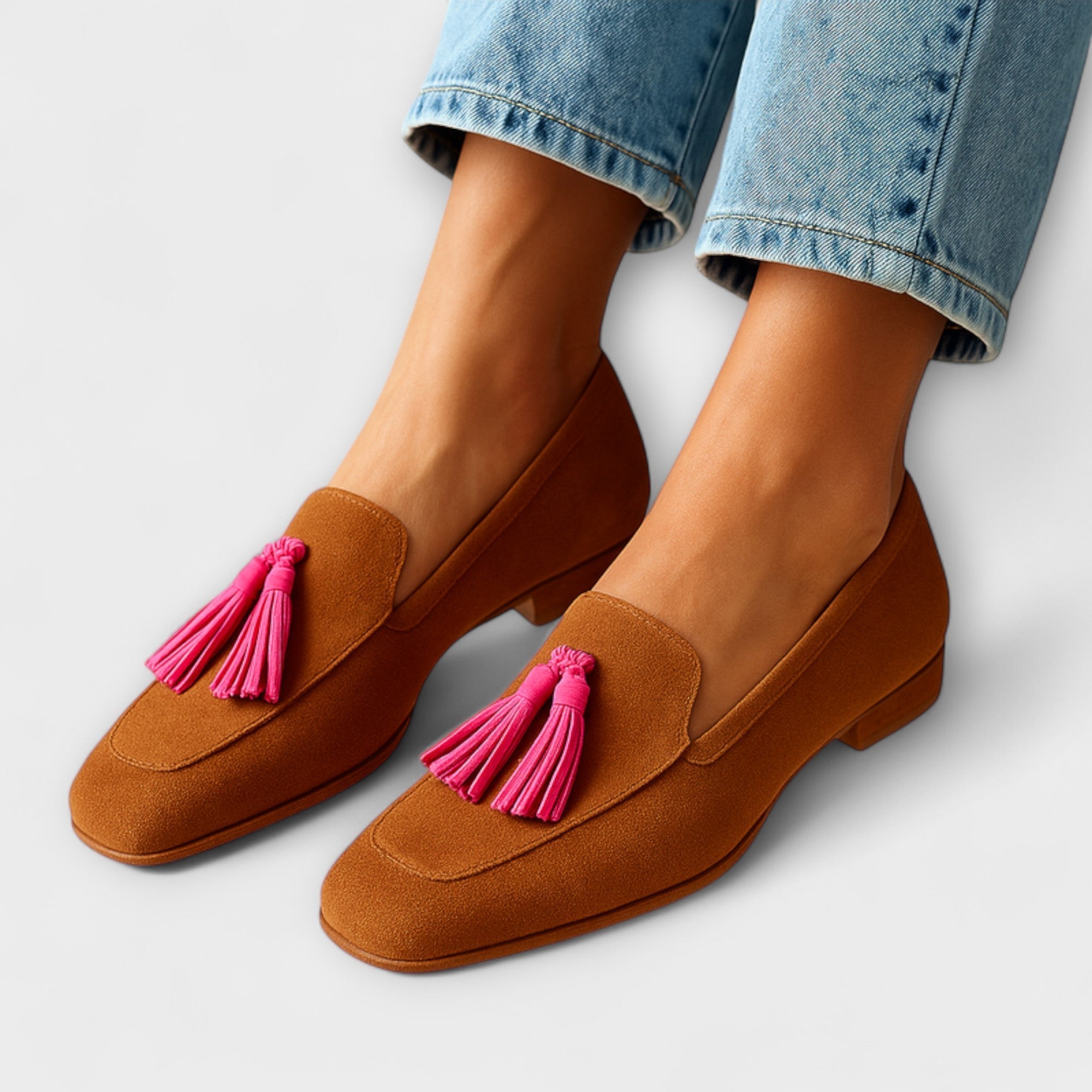 Mocasines de Ante Rosa con Borlas Decorativas