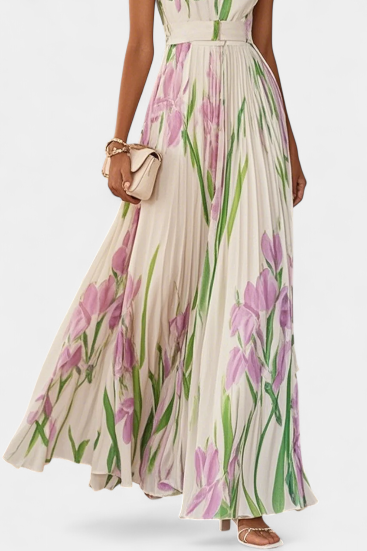 Vestido Calanthe Largo Plisado con Estampado Floral y Escote Cuadrado