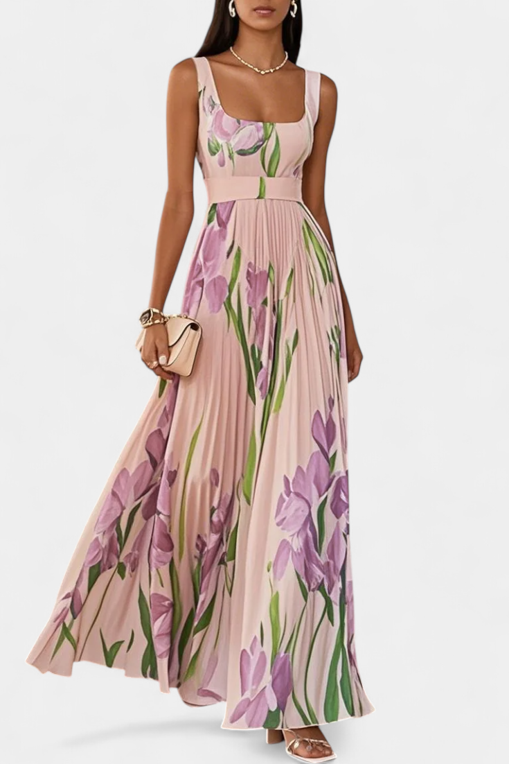 Vestido Calanthe Largo Plisado con Estampado Floral y Escote Cuadrado