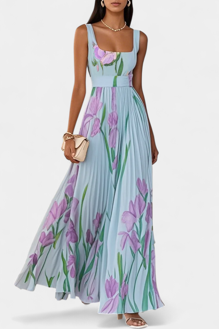 Vestido Calanthe Largo Plisado con Estampado Floral y Escote Cuadrado