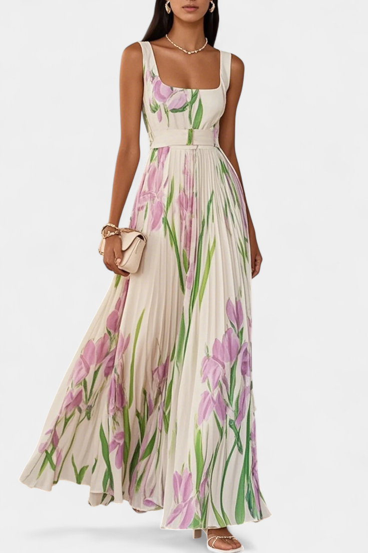 Vestido Calanthe Largo Plisado con Estampado Floral y Escote Cuadrado