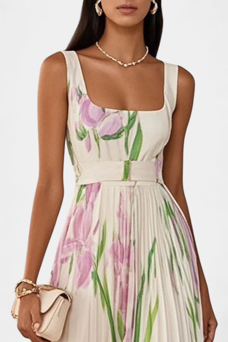 Vestido Calanthe Largo Plisado con Estampado Floral y Escote Cuadrado