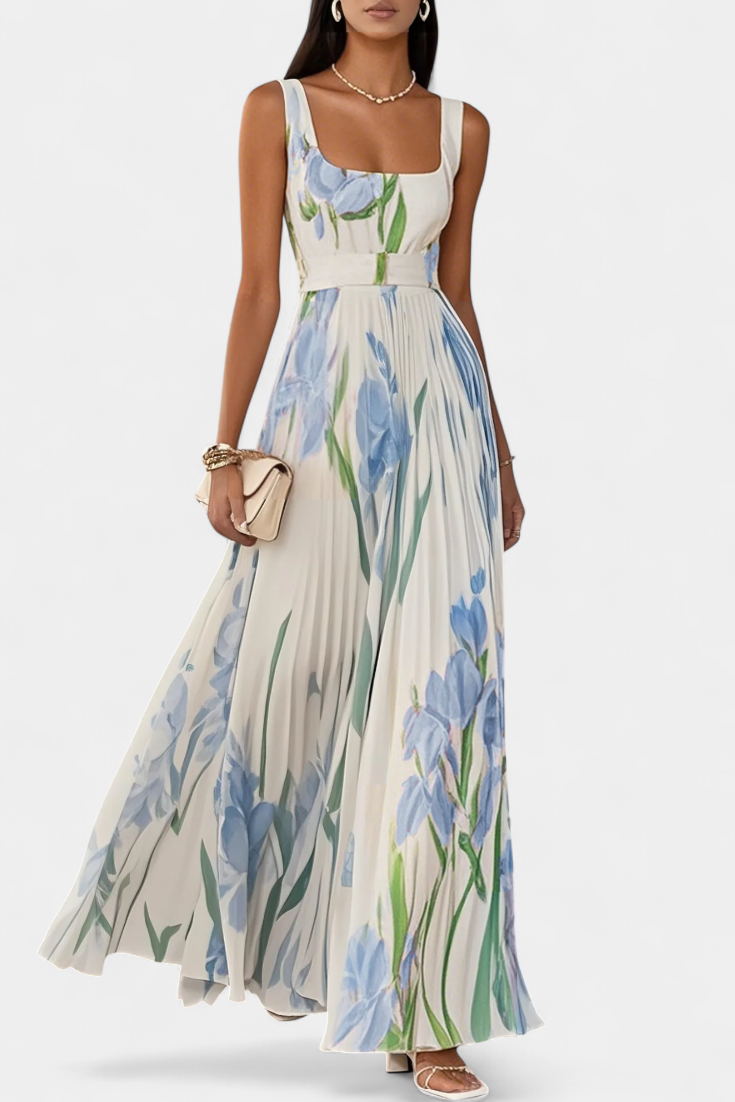 Vestido Calanthe Largo Plisado con Estampado Floral y Escote Cuadrado