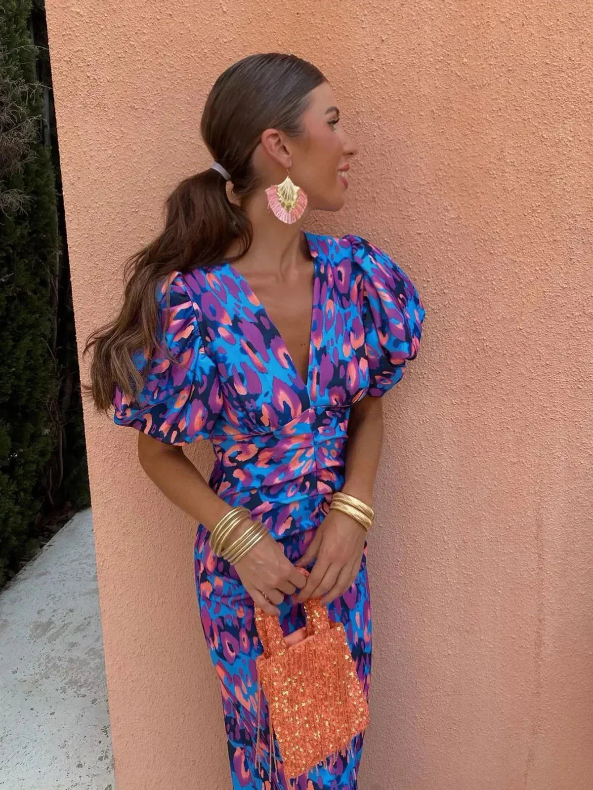 Arielle™ | Vestido Midi Colorido para Mujeres con Mangas Plisadas